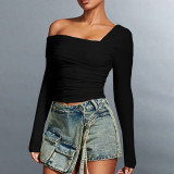 Black Sexy Solid Color Patchwork Ruched Asymmetrical Collar Tops