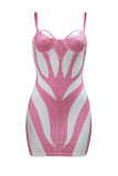 Pink Sexy Patchwork Hot Drilling Backless Contrast Spaghetti Strap Wrapped Skirt Dresses