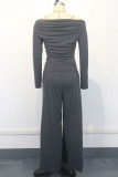 Dark Gray Casual Solid Color Pocket Patchwork Backless Off Shoulder Long Sleeve Two Pieces