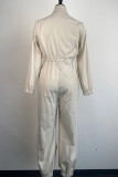 White Casual Solid Color Pocket Patchwork Zipper Zipper Collar Regular Jumpsuits