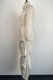 White Casual Solid Color Pocket Patchwork Zipper Zipper Collar Regular Jumpsuits