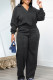 Black Casual Solid Color Draw String Pocket Patchwork V Neck Long Sleeve Two Pieces