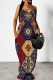 Tibetan Blue Casual Print Pocket Patchwork Backless Spaghetti Strap Sling Dresses