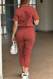 Pink Casual Solid Color Pocket Buckle Patchwork Turndown Collar Regular Jumpsuits