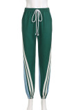 Green Casual Draw String Pocket Patchwork Contrast Regular High Waist Conventional Patchwork Bottoms