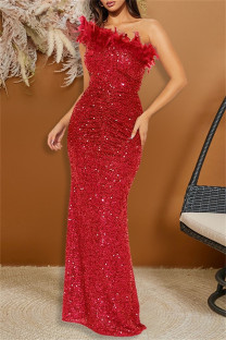 Red Sexy Formal Patchwork Sequins Feathers Oblique Collar Long Dresses