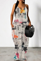 White Grey Casual Print Pocket Patchwork Spaghetti Strap Sling Dresses