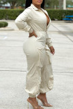 White Casual Solid Color Pocket Patchwork Zipper Zipper Collar Regular Jumpsuits