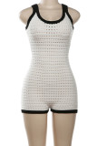 White Sexy Solid Color Patchwork Contrast U Neck Skinny Rompers
