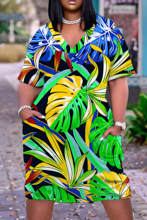 Turquoise Casual Print Basic V Neck Short Sleeve Plus Size Dresses