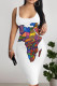 Multicolor Casual Print Patchwork U Neck Wrapped Skirt Dresses
