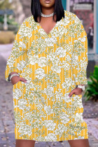 Light Yellow Casual Print Basic V Neck Long Sleeve Plus Size Dresses
