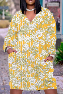 Light Yellow Casual Print Basic V Neck Long Sleeve Plus Size Dresses