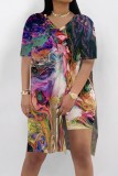 Rose Red Casual Print Slit V Neck Short Sleeve Two Pieces