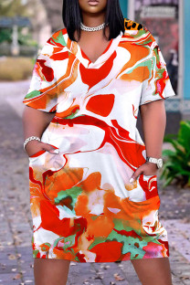 Orange Casual Print Basic V Neck Short Sleeve Plus Size Dresses