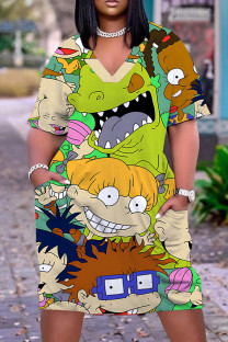Cartoon Casual Print Basic V Neck Short Sleeve Plus Size Dresses