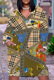 Orange Casual Print Basic V Neck Long Sleeve Plus Size Dresses