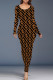 Dark Brown Casual Letter Print Contrast O Neck Printed Dresses