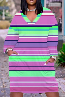 Stripe Casual Print Basic V Neck Long Sleeve Plus Size Dresses