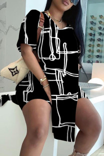 Black Casual Print Slit V Neck Short Sleeve Two Pieces