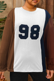 Earth Yellow Casual Letters Patchwork O Neck Plus Size Tops