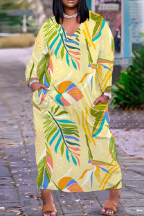 Light Yellow Casual Print Basic V Neck Long Plus Size Dresses