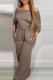 Camel Casual Solid Color Pocket Patchwork Off Shoulder Loose Jumpsuits