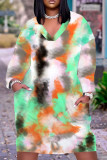 Orange Casual Print Basic V Neck Long Sleeve Plus Size Dresses