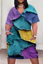 Blue Purple Casual Print Pocket Patchwork V Neck Straight Plus Size Dresses