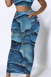 Medium Blue Casual Print Patchwork Regular Mid Waist Conventional Full Print Bottoms