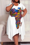 Tibetan Blue Casual Print Patchwork O Neck Irregular Plus Size Dresses