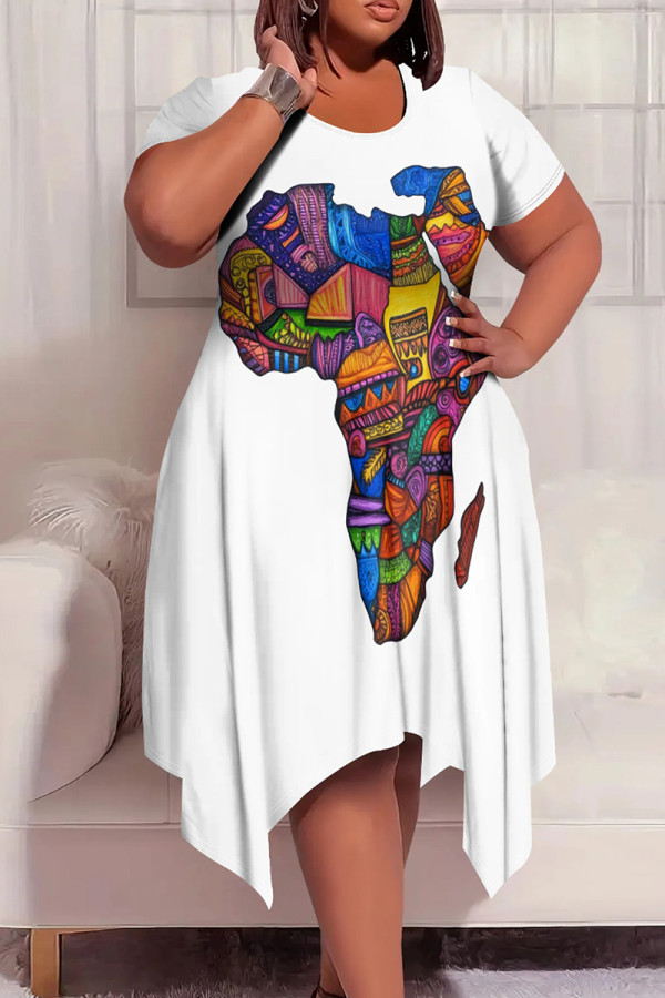 Multicolor Casual Print Patchwork O Neck Irregular Plus Size Dresses