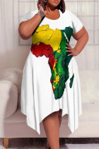 Green Yellow Casual Print Patchwork O Neck Irregular Plus Size Dresses