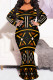 Black Yellow Elegant Print Patchwork O Neck Long Plus Size Dresses