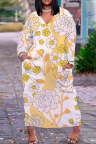 Apricot Casual Print Basic V Neck Long Plus Size Dresses