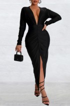 Black Sexy Casual Solid Color Slit Ruched Deep V Neck Long Sleeve Dresses