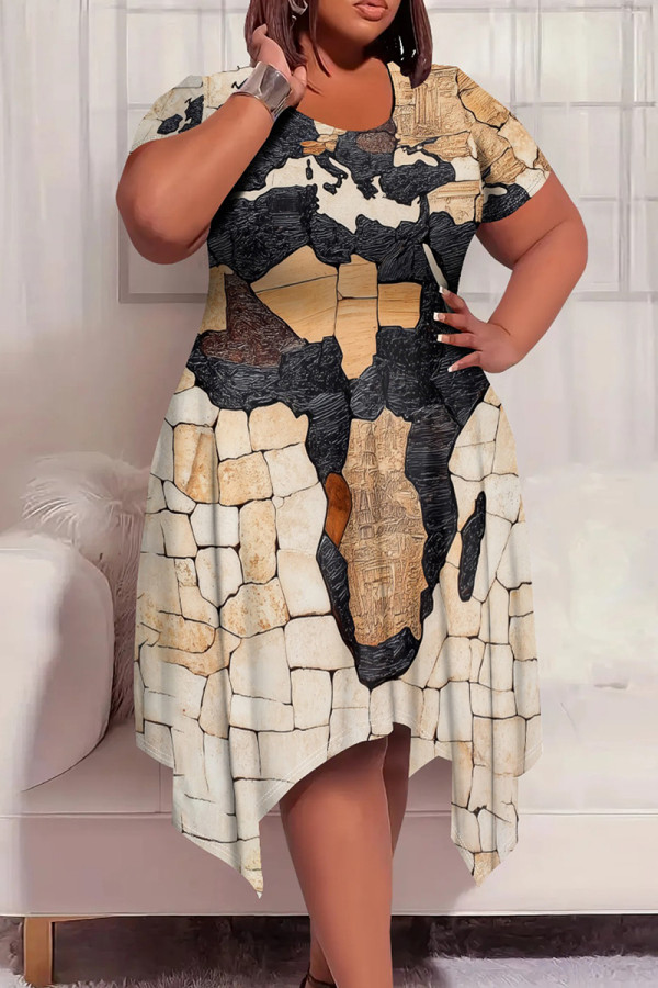 Black khaki Casual Print Patchwork O Neck Irregular Plus Size Dresses