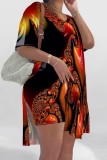 Rose Red Casual Print Slit V Neck Short Sleeve Two Pieces