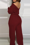 Camel Casual Solid Color Pocket Patchwork Off Shoulder Loose Jumpsuits