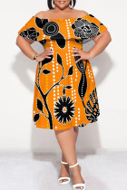 Orange Sexy Floral Print Ruffle Contrast Off Shoulder Printed Plus Size Dresses