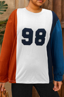 Tibetan Blue Casual Letters Patchwork O Neck Plus Size Tops