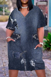 Black Casual Print Basic V Neck Short Sleeve Plus Size Dresses