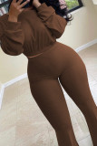 Coffee Casual Solid Color Patchwork O Neck Long Sleeve Two Pieces