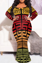 Yellow Red Elegant Print Patchwork O Neck Long Plus Size Dresses