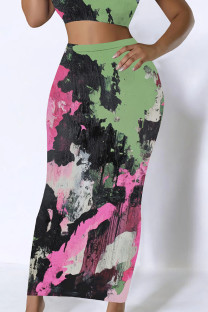 Green Black Casual Print Patchwork Regular Mid Waist Conventional Full Print Bottoms