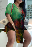 Rose Red Casual Print Slit V Neck Short Sleeve Two Pieces