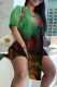 Green Casual Print Slit V Neck Short Sleeve Two Pieces
