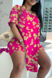 Rose Red Casual Print Slit V Neck Short Sleeve Two Pieces