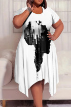 White Black Casual Print Patchwork O Neck Irregular Plus Size Dresses
