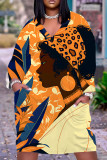 Orange Casual Print Basic V Neck Long Sleeve Plus Size Dresses